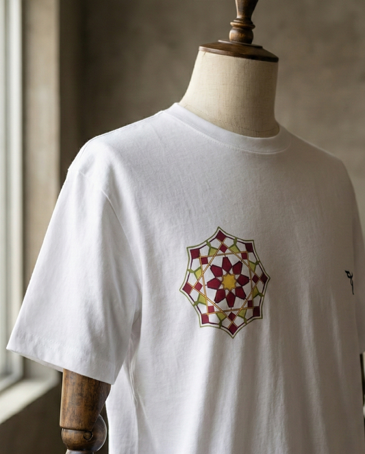 White Ornamental Unisex T-Shirt from PatchPatterns Basics ERA0, Chest Patterned Garment Dyed Heavyweight Cotton Tee